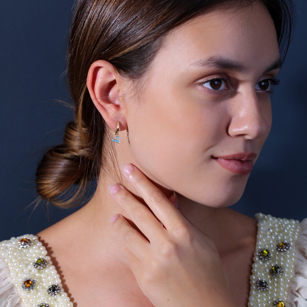 Heart Design Double Sided Shiny Blue Enamel and Clear Zircon Stone Dangle Earrings 925 Silver Sterling Jewelry