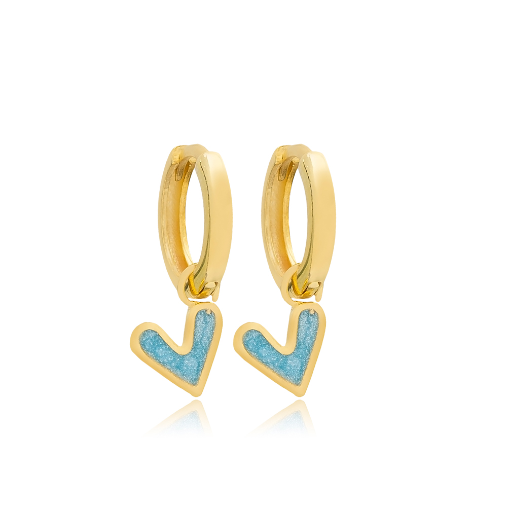 Heart Design Double Sided Shiny Blue Enamel and Clear Zircon Stone Dangle Earrings 925 Silver Sterling Jewelry