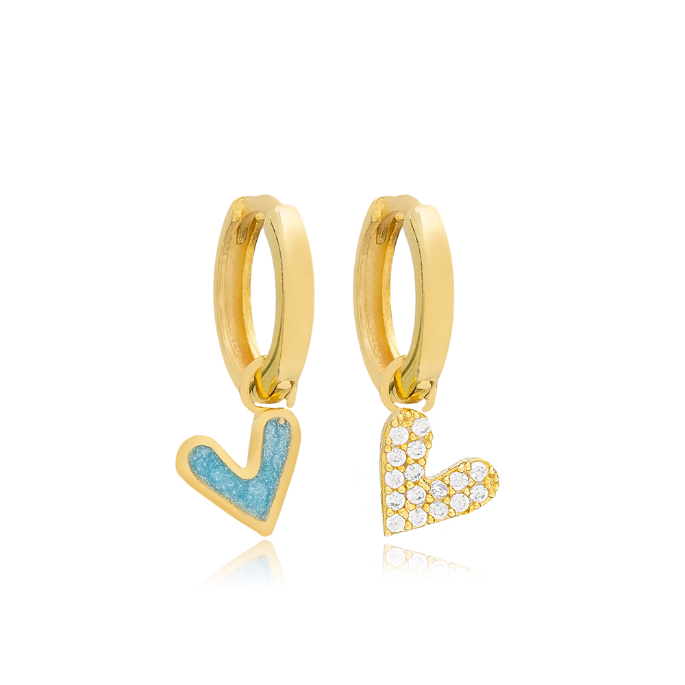 Heart Design Double Sided Shiny Blue Enamel and Clear Zircon Stone Dangle Earrings 925 Silver Sterling Jewelry