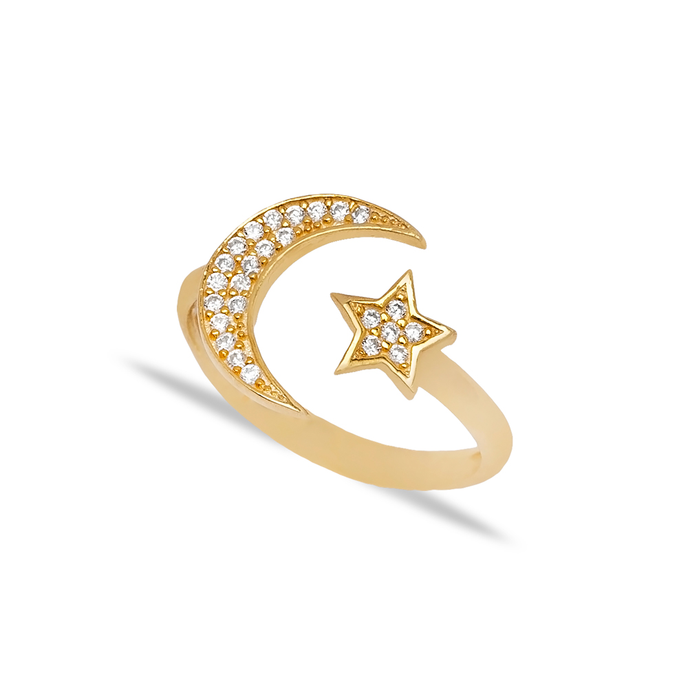 Moon and Star Design Zircon Stone Adjustable Ring Handmade 925 Sterling Silver Jewelry