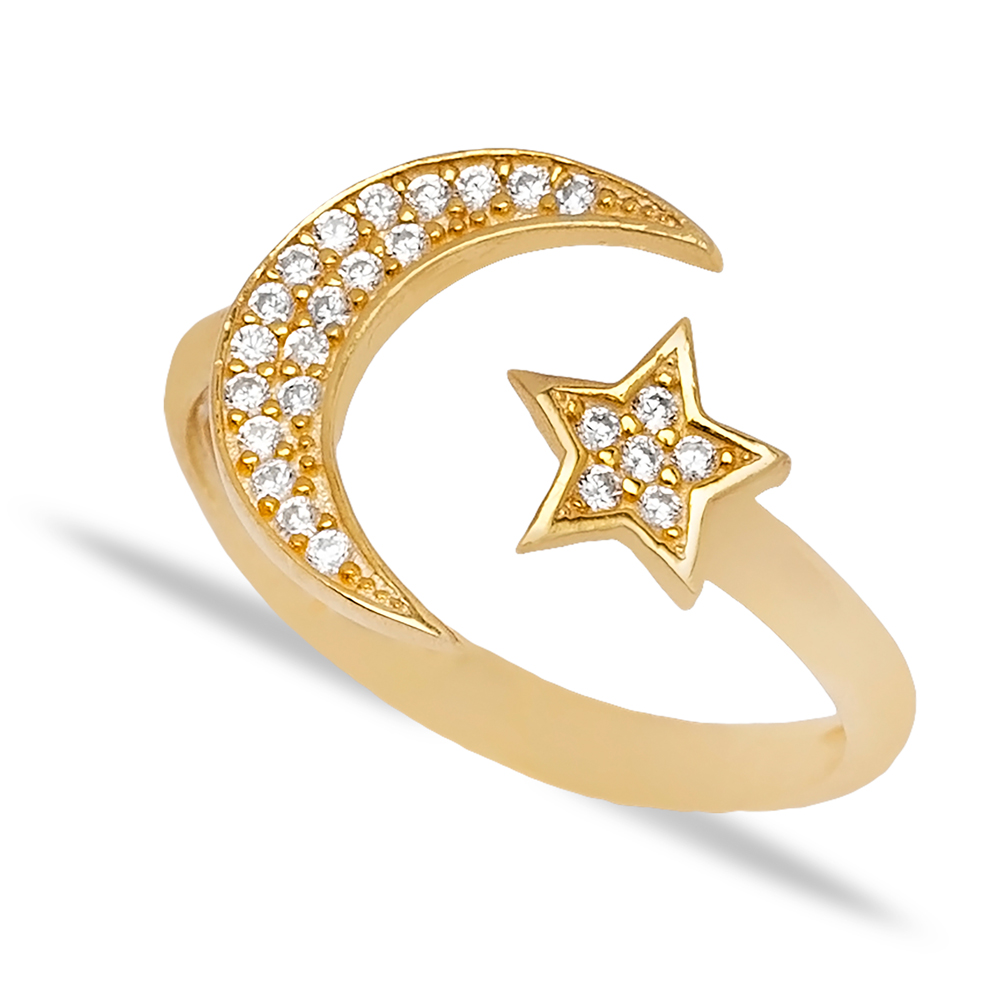 Moon and Star Design Zircon Stone Adjustable Ring Handmade 925 Sterling Silver Jewelry