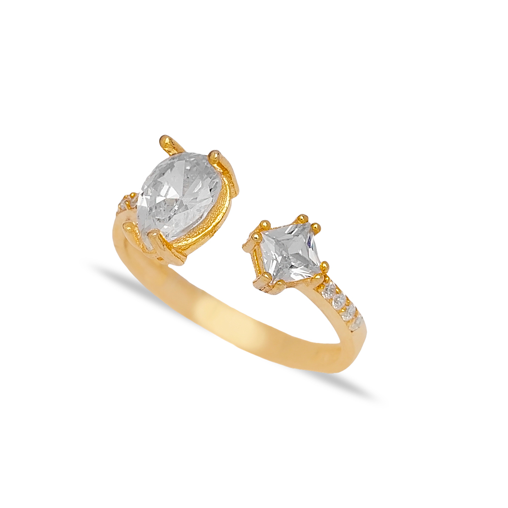 Drop and Square Design Zircon Stone Adjustable Ring Turkish Women 925 Sterling Silver Jewelry