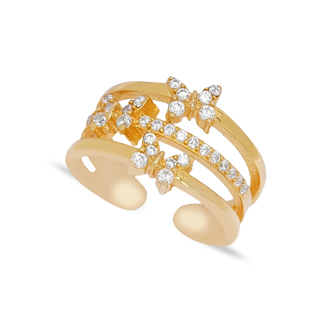 Triple Butterfly Design Round Cut Zircon Stone Adjustable Ring Turkish Handmade 925 Sterling Silver Jewelry