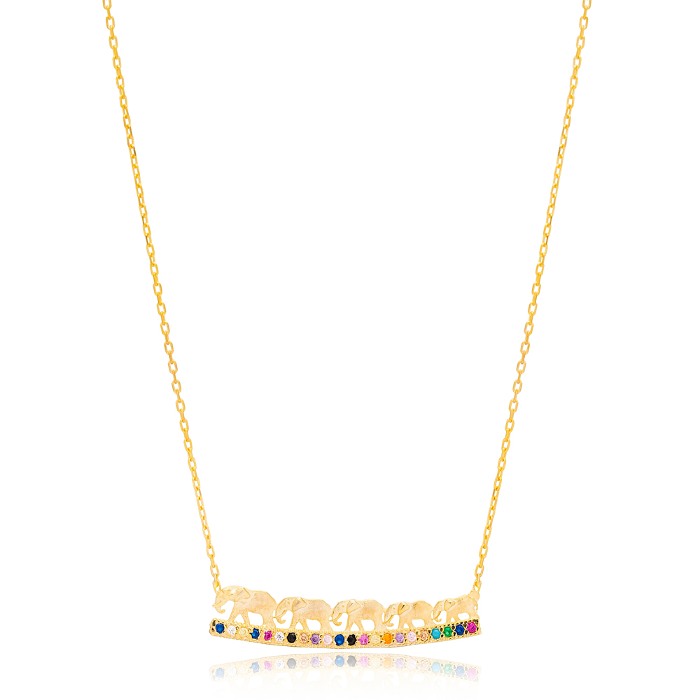Rainbow Mix Stone Elephant Animal Charm Necklace Pendant 925 Sterling Silver Jewelry