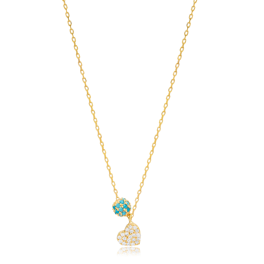 Minimalish Heart Design Turquoise Zircon Stone Charm Necklace Pendant 925 Sterling Silver