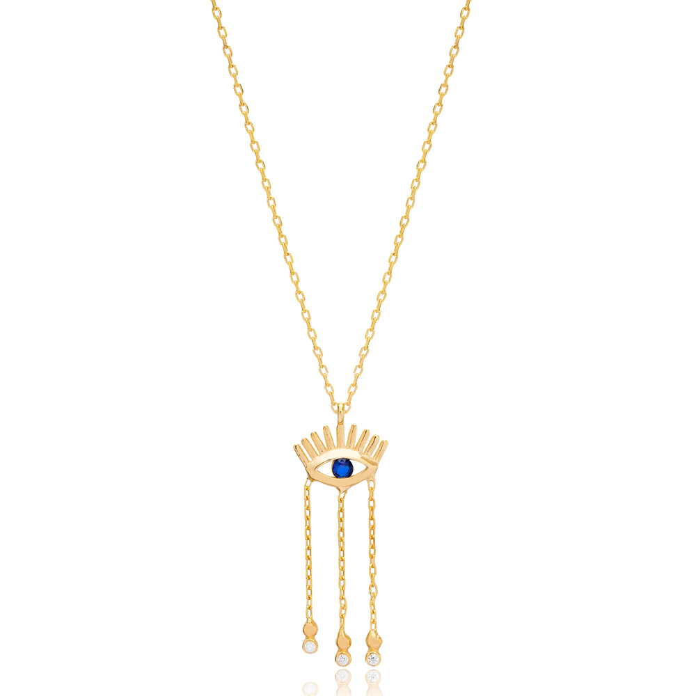 Evil Eye Design Sapphire Zircon Stone Shaker Charm Necklace Pendant 925 Sterling Silver Jewelry