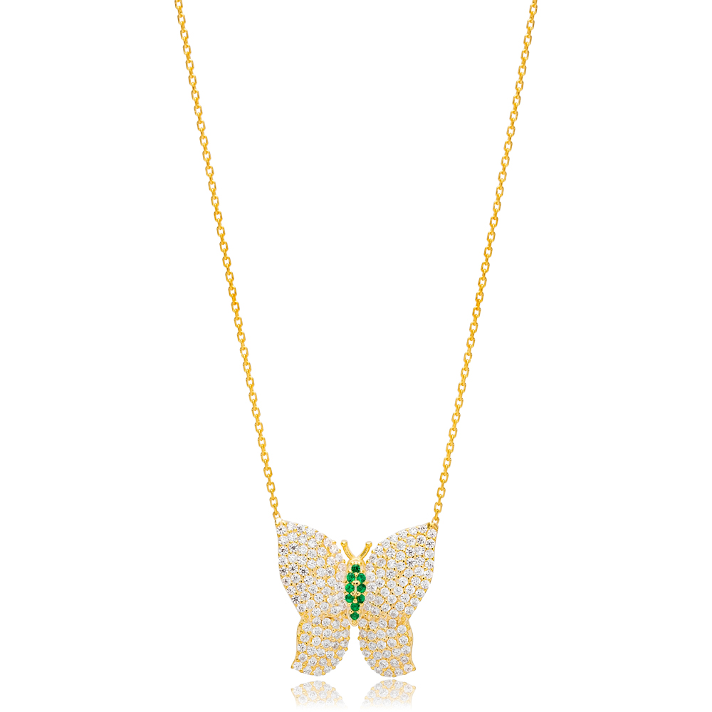 Butterfly Design Zircon with Emerald Stone Animal Charm Pendant Turkish Handmade 925 Sterling Silver Jewelry