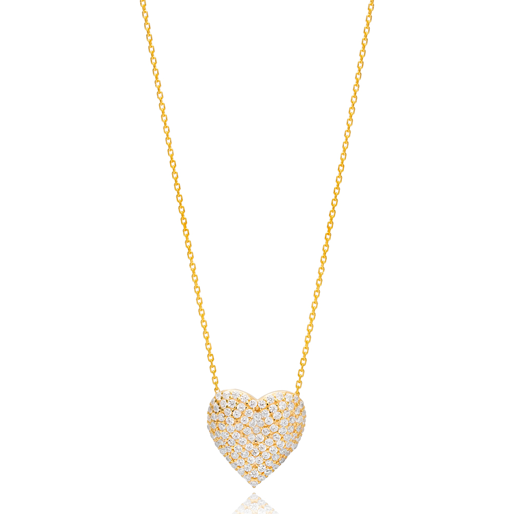 Heart Design Shiny Zircon Stone Charm Pendant Turkish Handmade 925 Sterling Silver Jewelry