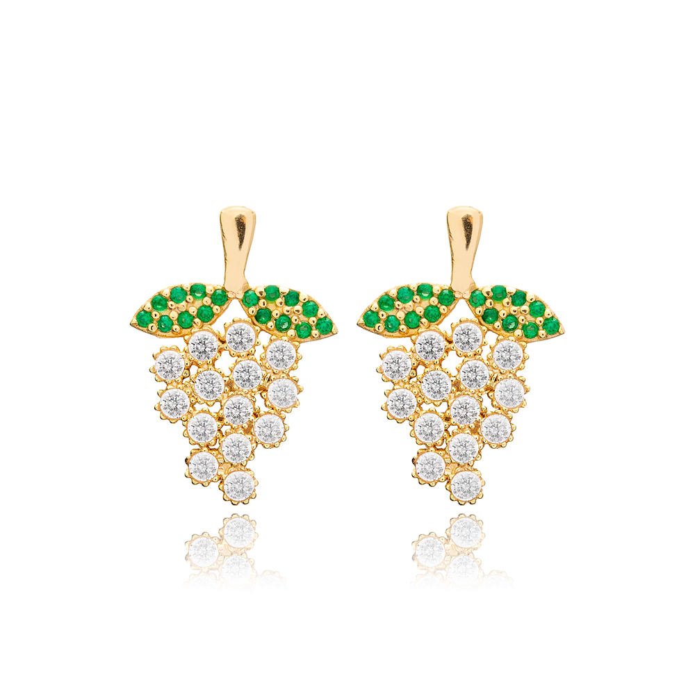 Grape Fruit Design Emerald with Zircon Stone Stud Earrings 925 Sterling Silver Jewelry