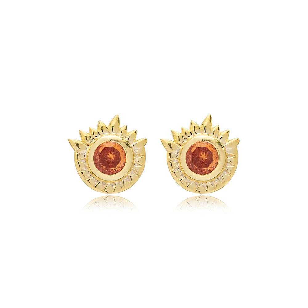 Orange Zircon Round Shape Stud Earrings Wholesale Handmade Turkish 925 Sterling Silver Jewelry