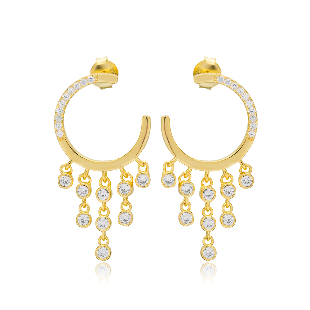 Elegant Design Round Cut Zircon Stone Dangle Earrings Handcrafted Turkish 925 Sterling Silver Jewelry