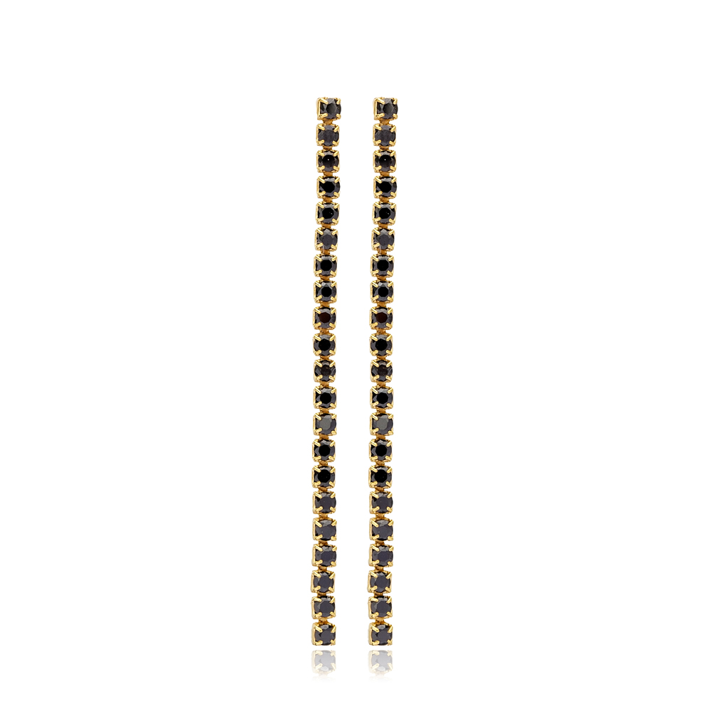 Black Zircon Stone Tennis Chain Long Stud Earrings 925 Sterling Silver Jewelry
