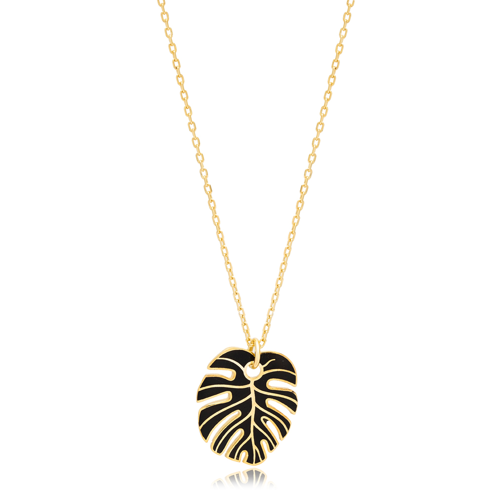 Black Enamel Palm Leaf Shape Necklace Turkish 925 Sterling Silver Jewelry