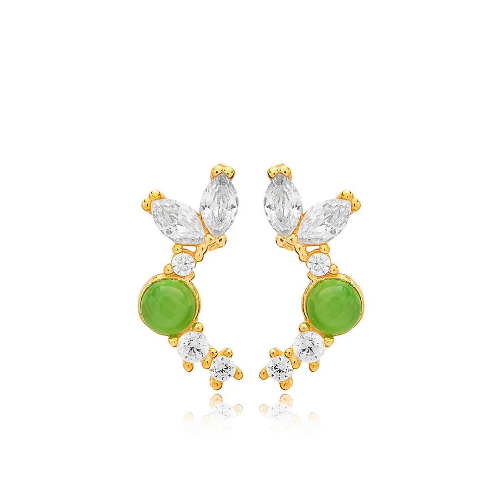Emerald Stone with Zircon Stone Stud Earrings 925 Silver Sterling Earrings Jewelry