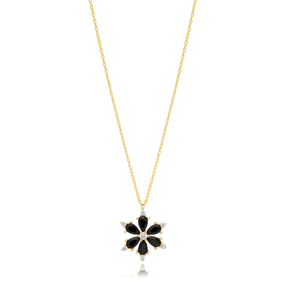 Flower Design Black Zircon Stone Charm Necklace Pendant 925 Sterling Silver Jewelry