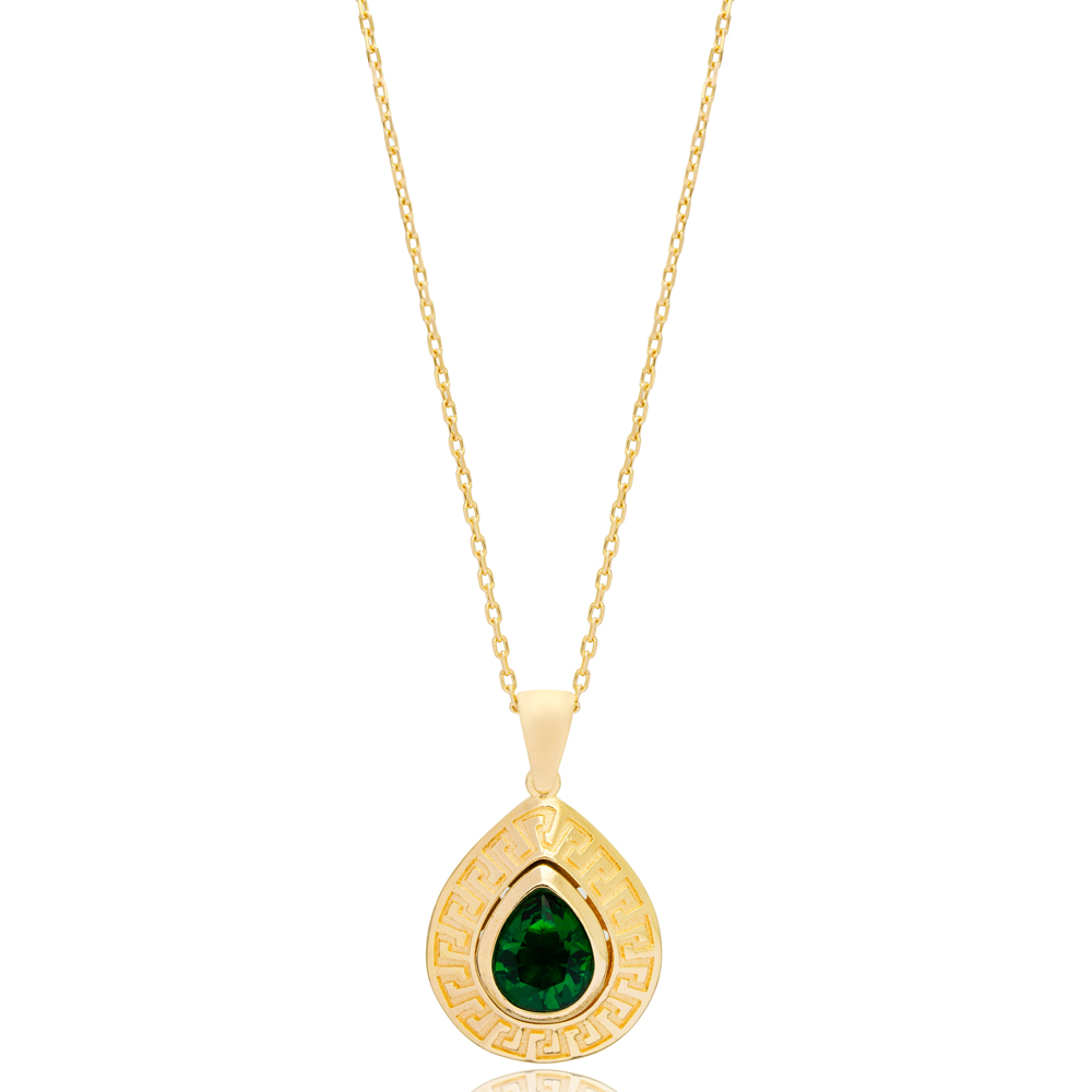 Vintage Drop Shape Emerald Stone Pendant Turkish Handcrafted Wholesale 925 Sterling Silver Jewelry