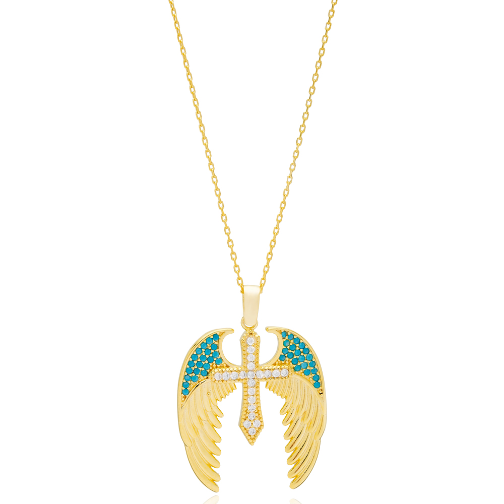 Angel Wings with Cross Design Turquoise Stone Charm Pendant 925 Sterling Silver Jewelry