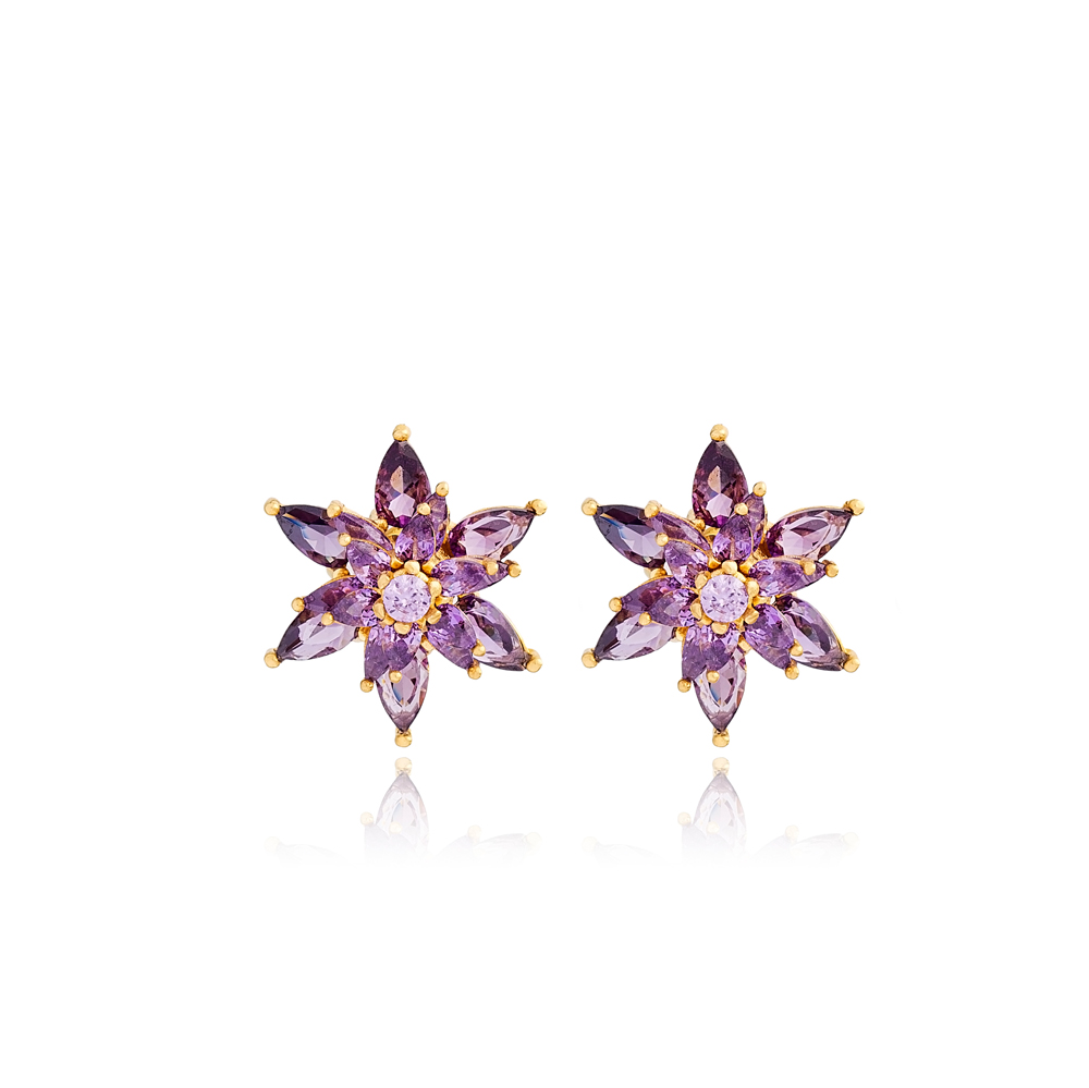 Amethyst Zircon Stone Unique Flower Design Stud Earrings 925 Sterling Silver Jewelry