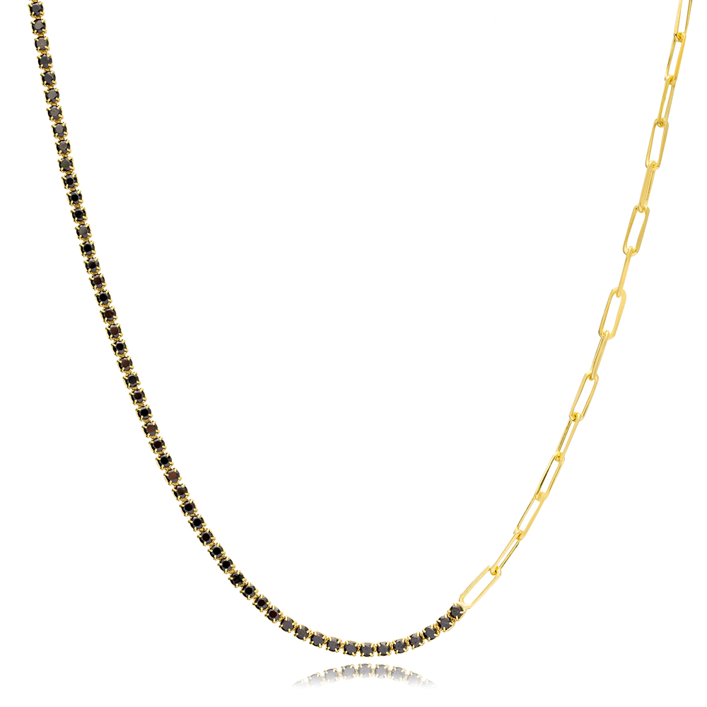 Black Square Zircon Stone Elegant Tennis Chain Necklace Pendant Handcrafted 925 Silver Jewelry