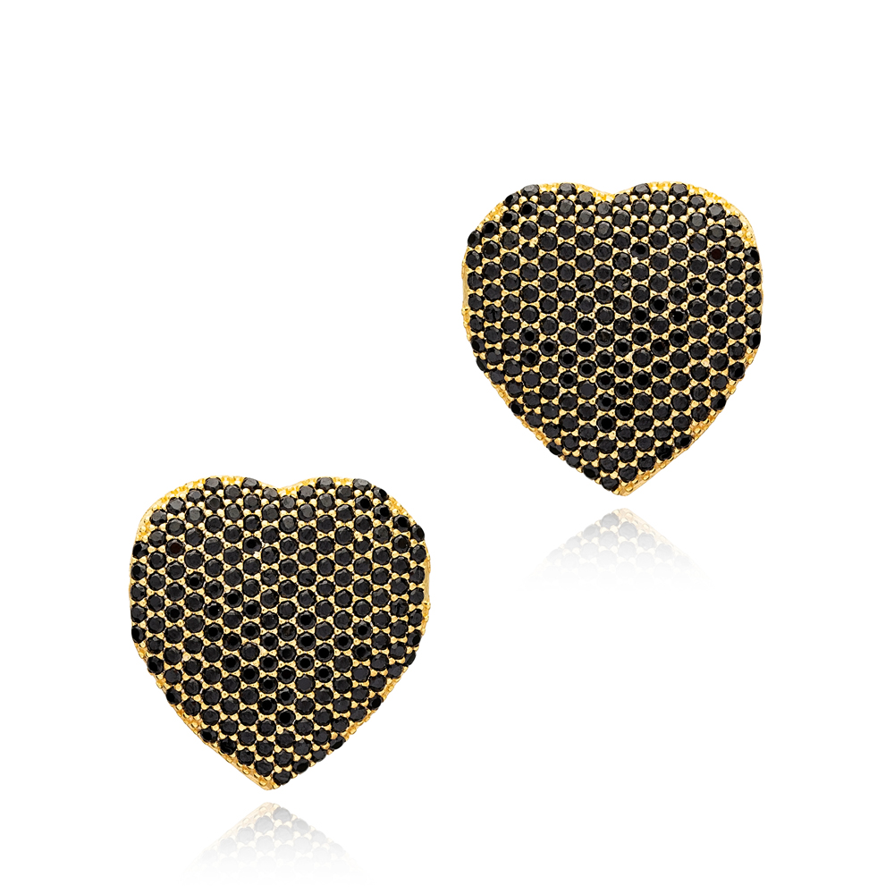 Black Zircon Stone Heart Shape Dainty Shiny Zircon Stud Earrings 925 Sterling Silver Wholesale Jewelry