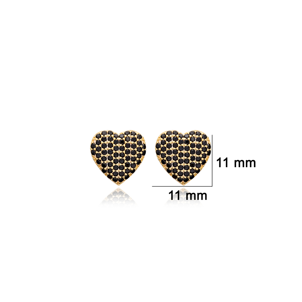Black Zircon Stone Cute Heart Design Jewelry Turkish Handmade 925 Sterling Silver Earrings