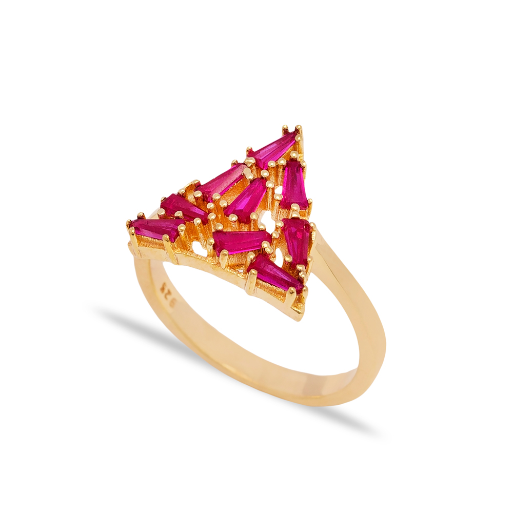 Ruby Baguette Stone Triangle Shape Women Ring Turkish Wholesale Handcrafted 925 Silver Jewelry