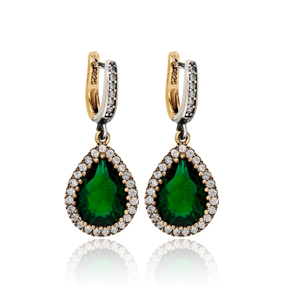 Emerald Stone Authentic Silver Earrings In Turkish Wholesale 925 Sterling Silver Jewelry