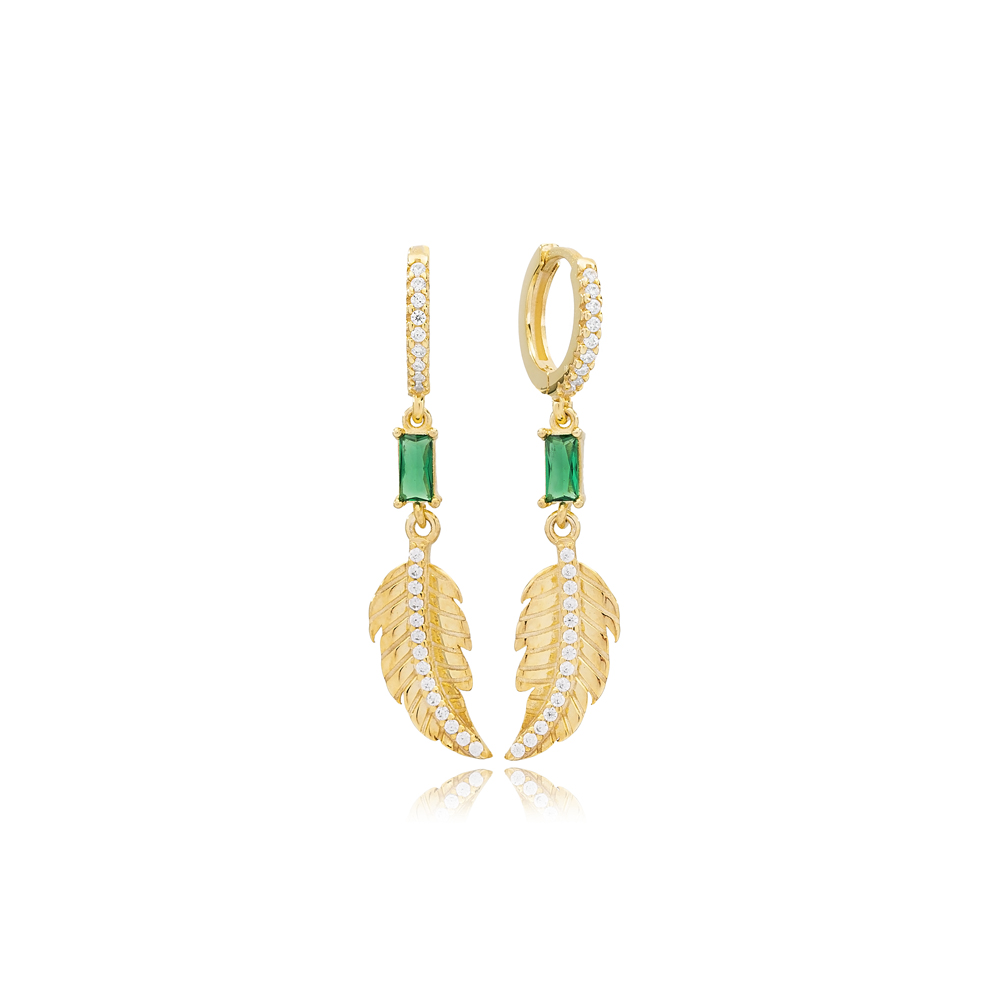 Emerald Stone Leaf Design Dangle Earring Turkish Wholesale 925 Sterling Silver Jewelry