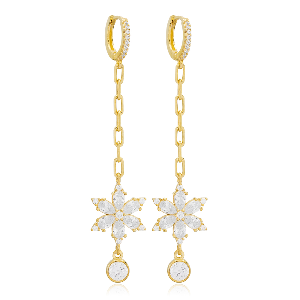 Unique Flower Design Clear Zircon Long Earrings Turkish Handcrafted Wholesale 925 Sterling Silver Jewellery