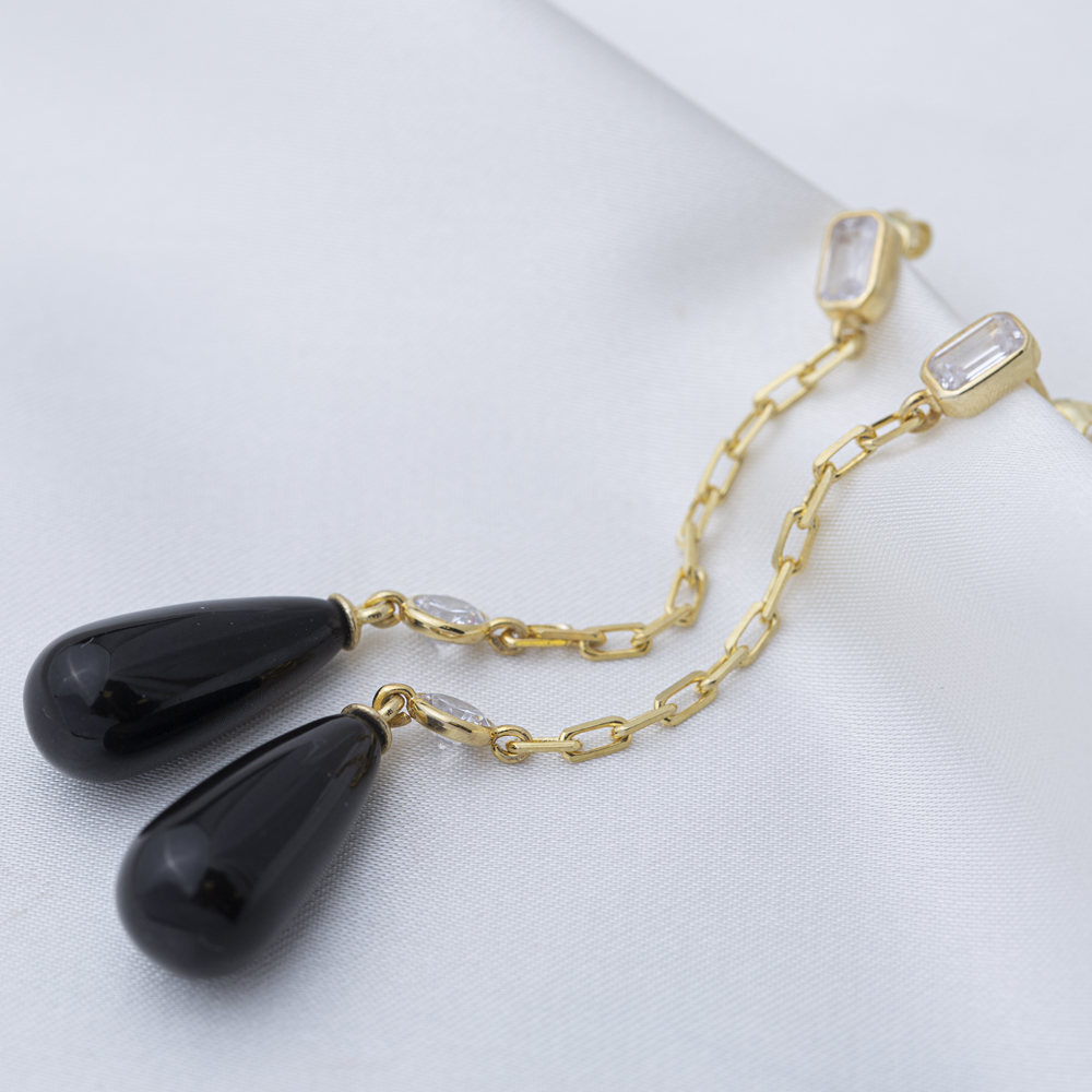 Trendy Black Pearl Stone Long Chain Stud Earrings For Women Turkish Wholesale 925 Sterling Silver Jewelry