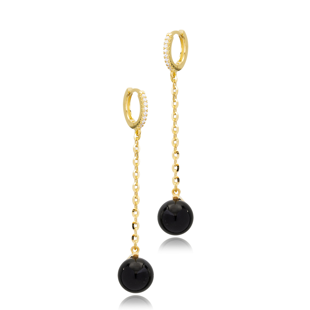 Black Pearl of Majorca Long Chain Hoop Earrings Turkish Handmade 925 Sterling Silver Jewellery