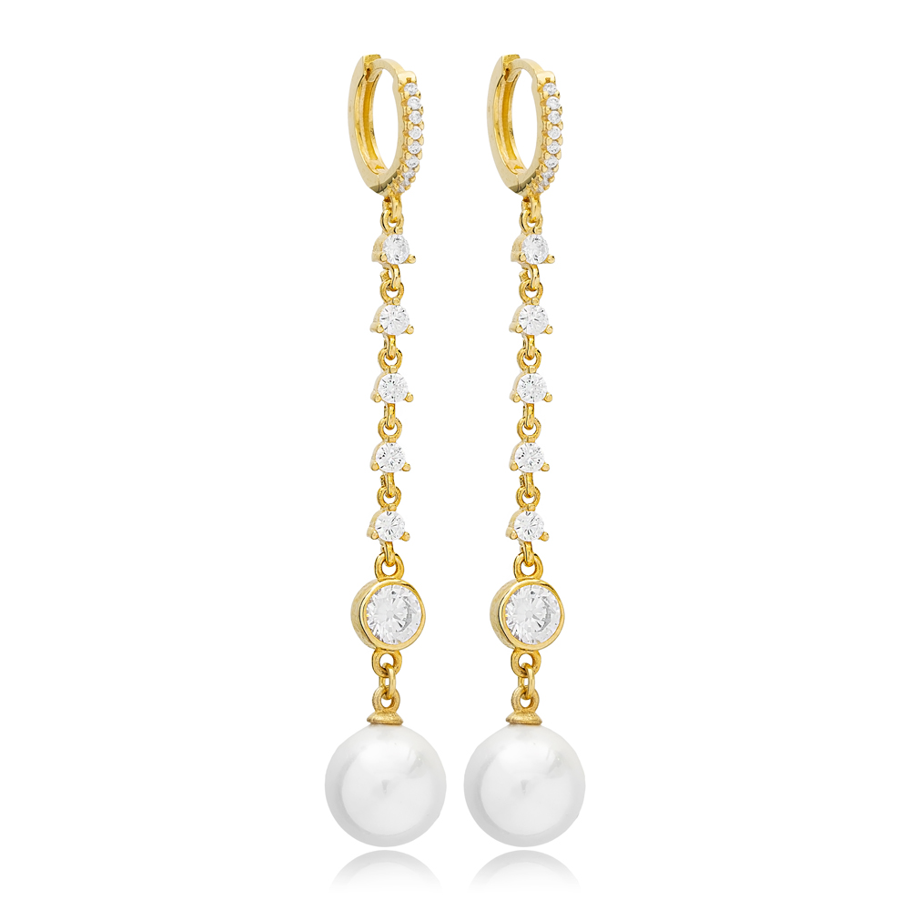 Dainty Pearl of Majorca Long Earrings For Women Turkish Handmade Wholesale 925 Sterling Silver Jewelry