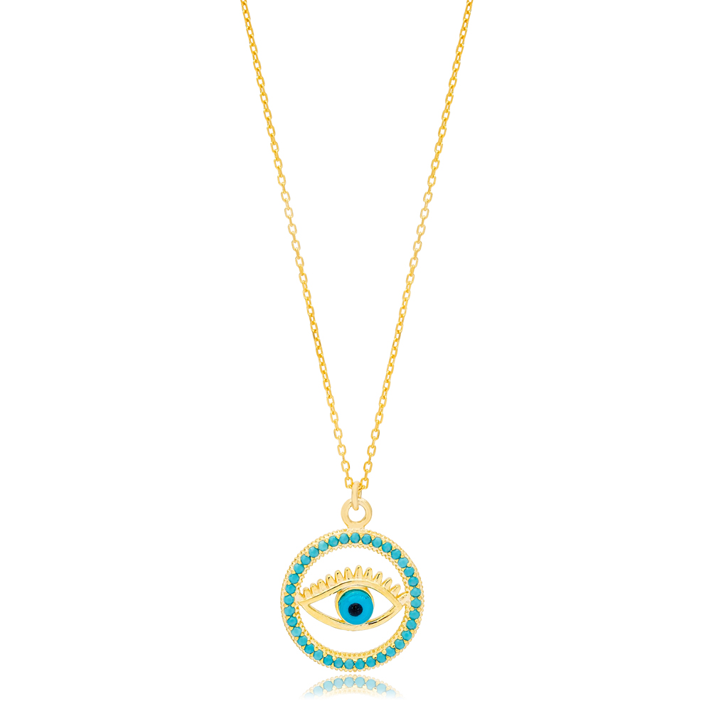 Turquoise Stone Round Shape Evil Eye Bead Charm Necklace Turkish Wholesale 925 Sterling Silver Jewelry