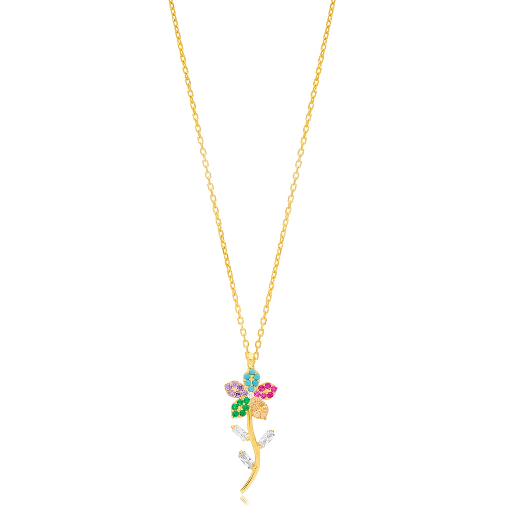 Rainbow Mix Stone Flower Design Minimalist Charm Necklace Handcrafted 925 Sterling Silver Jewelry