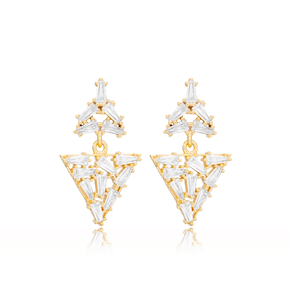 Trendy Dangle Baguette Style Zircon Stone Geometric Stud Earrings Turkish Wholesale Sterling Silver Jewelry