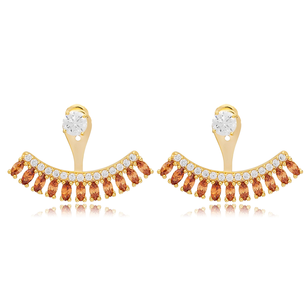 Citrine Zircon Stone Marquise Shape Ear Jackets Earrings Turkish Handmade 925 Sterling Silver Jewelry