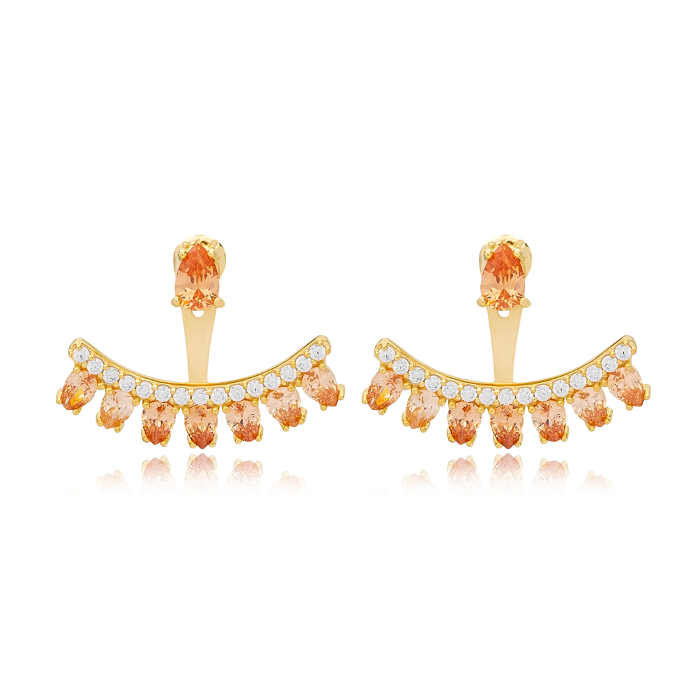 Citrine Zircon Stone Pear Shape Ear Jackets Earrings Turkish 925 Sterling Silver Jewelry