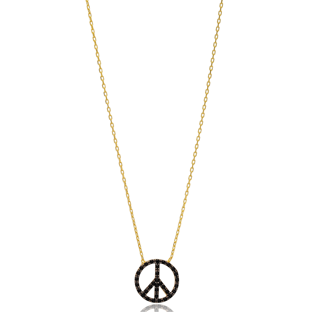 Black Zircon Stone Peace Sign Charm Necklace Pendant Wholesale 925 Sterling Silver Jewelry