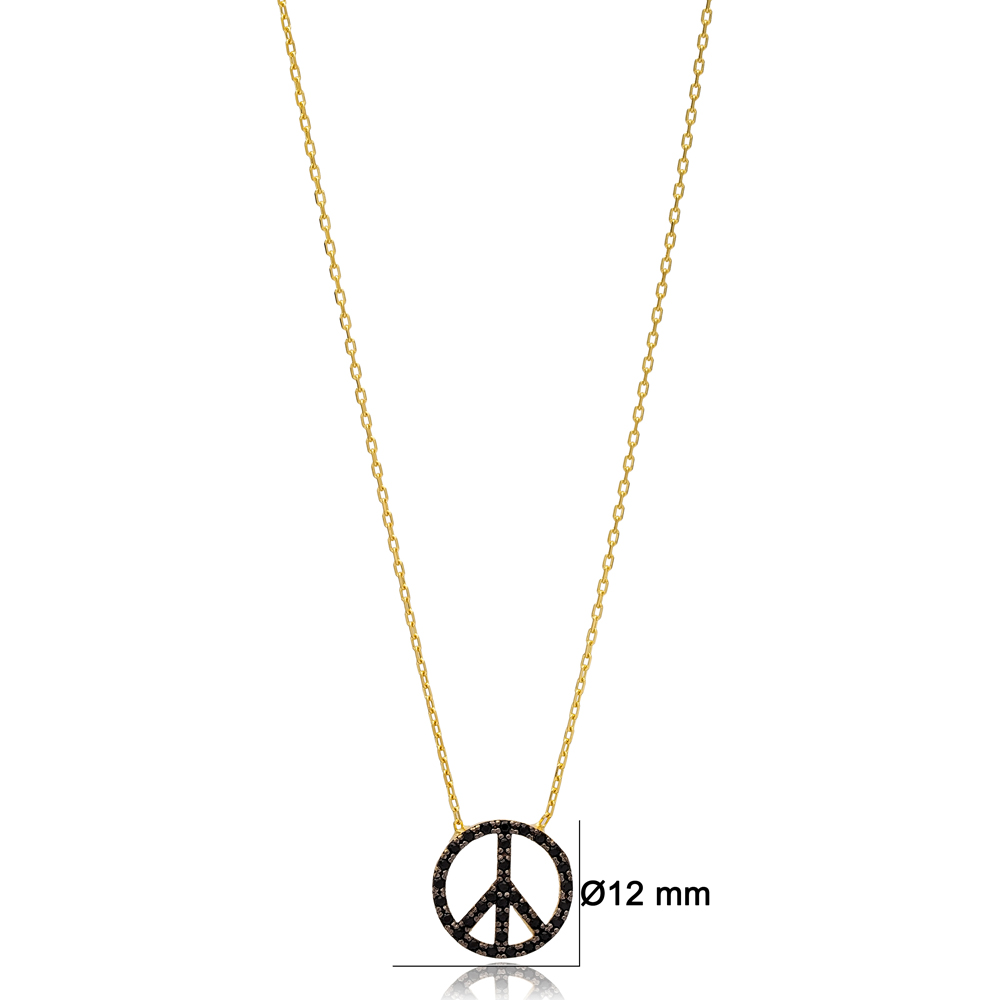 Black Zircon Stone Peace Sign Charm Necklace Pendant Wholesale 925 Sterling Silver Jewelry