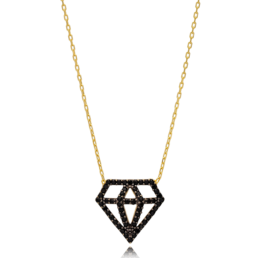 Black Zircon Stone Diamond Design Charm Necklace Pendant Wholesale 925 Sterling Silver Jewelry