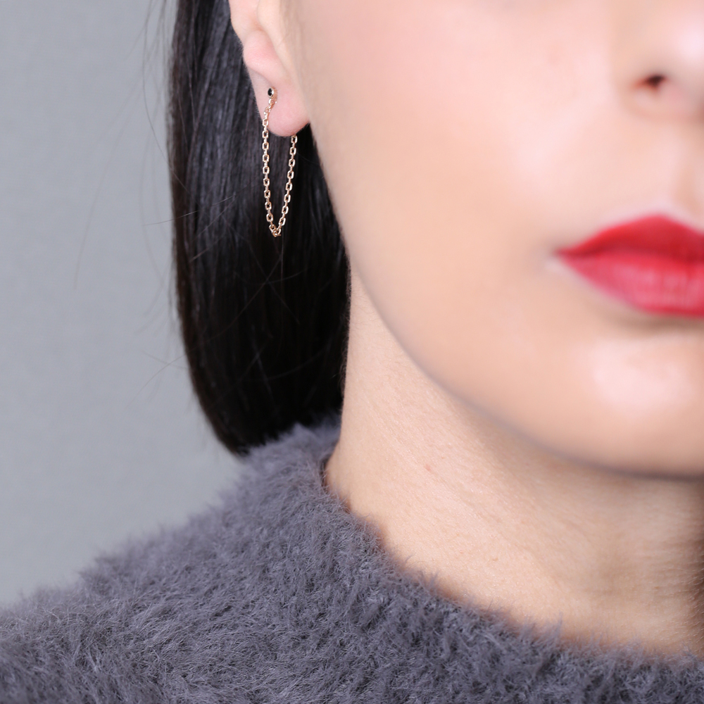 Minimalist Style Tiny Black Zircon Stone Chain Stud Long Earrings 925 Sterling Silver Jewelry