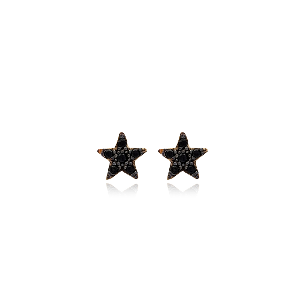 Tiny Star Shape Black Zircon Stone Stud Earrings Turkish 925 Sterling Silver Jewelry
