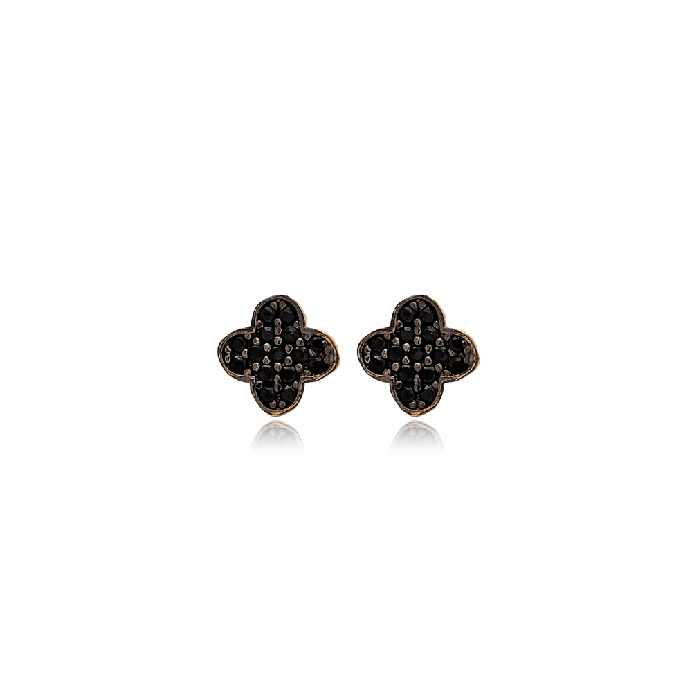 Four Leaf Clover Design Black Zircon Stone Stud Earrings Handmade 925 Sterling Silver Jewelry