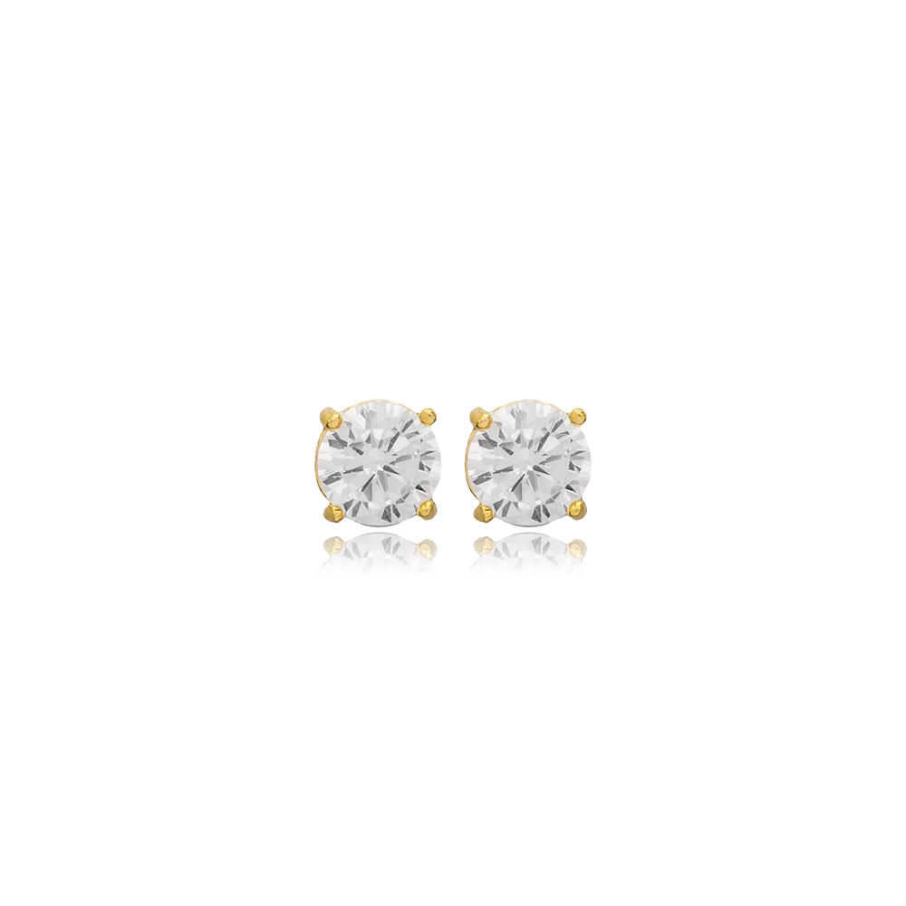 Clear Zircon Stone Round Design Stud Earrings Turkish Handmade 925 Sterling Silver Jewelry