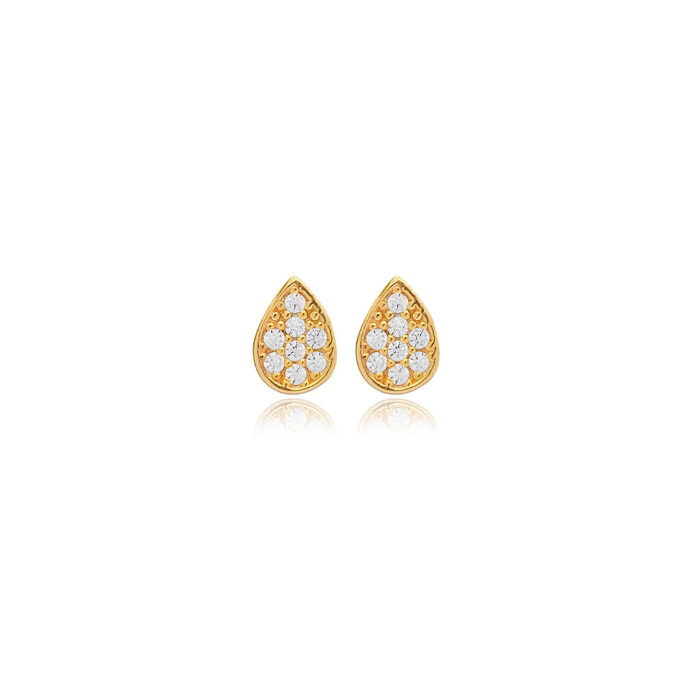 Pear Drop Shape Stud Earrings Zircon Stone Turkish Handcrafted 925 Sterling Silver Jewelry