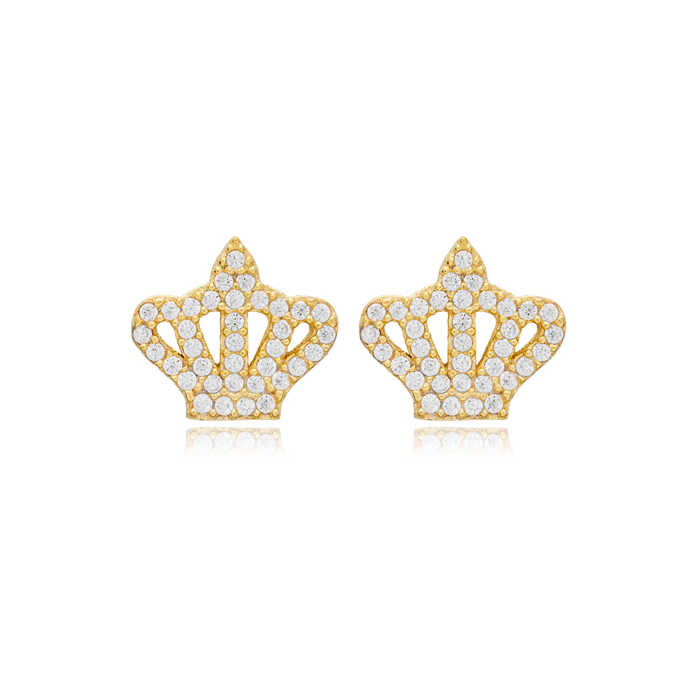 Crown Design Stud Earrings Shiny Clear Zircon Stone Turkish Handmade 925 Sterling Silver Jewelry