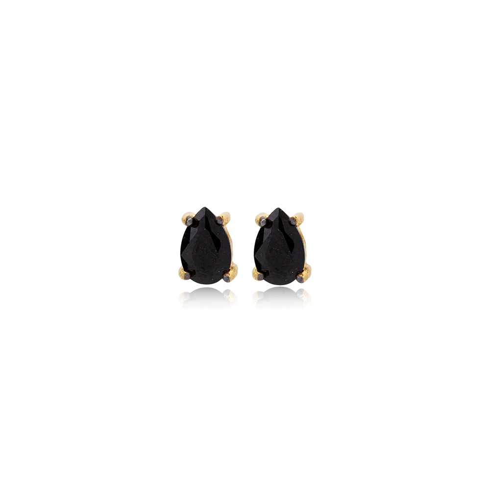 Black Zircon Stone Pear Design Stud Earrings Turkish Handcrafted 925 Sterling Silver Jewelry