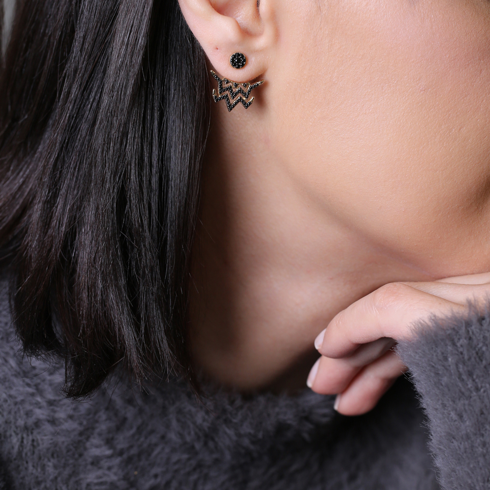 Minimalist Design Ear Jackets Black Zircon Stone Turkish Handcraft Wholesale Woman Earrings 925 Sterling Silver Jewelry