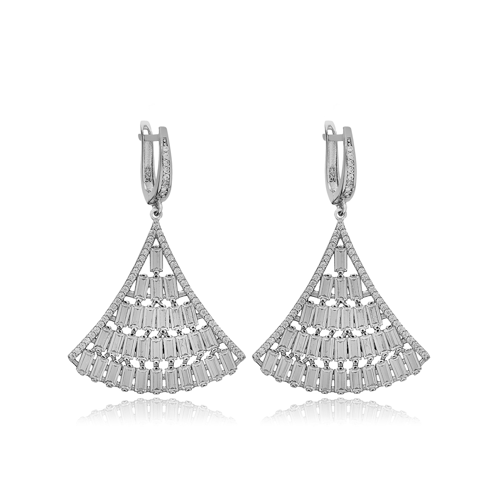 Shiny Baguette Zircon Stone Chandelier Earrings Turkish Handcrafted 925 Sterling Silver Jewelry