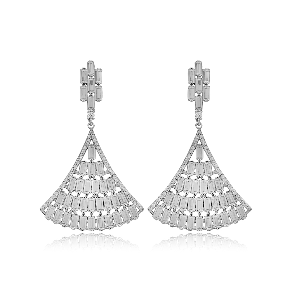 New Design Baguette Zircon Stone Chandelier Earrings Turkish Handcrafted 925 Sterling Silver Jewelry